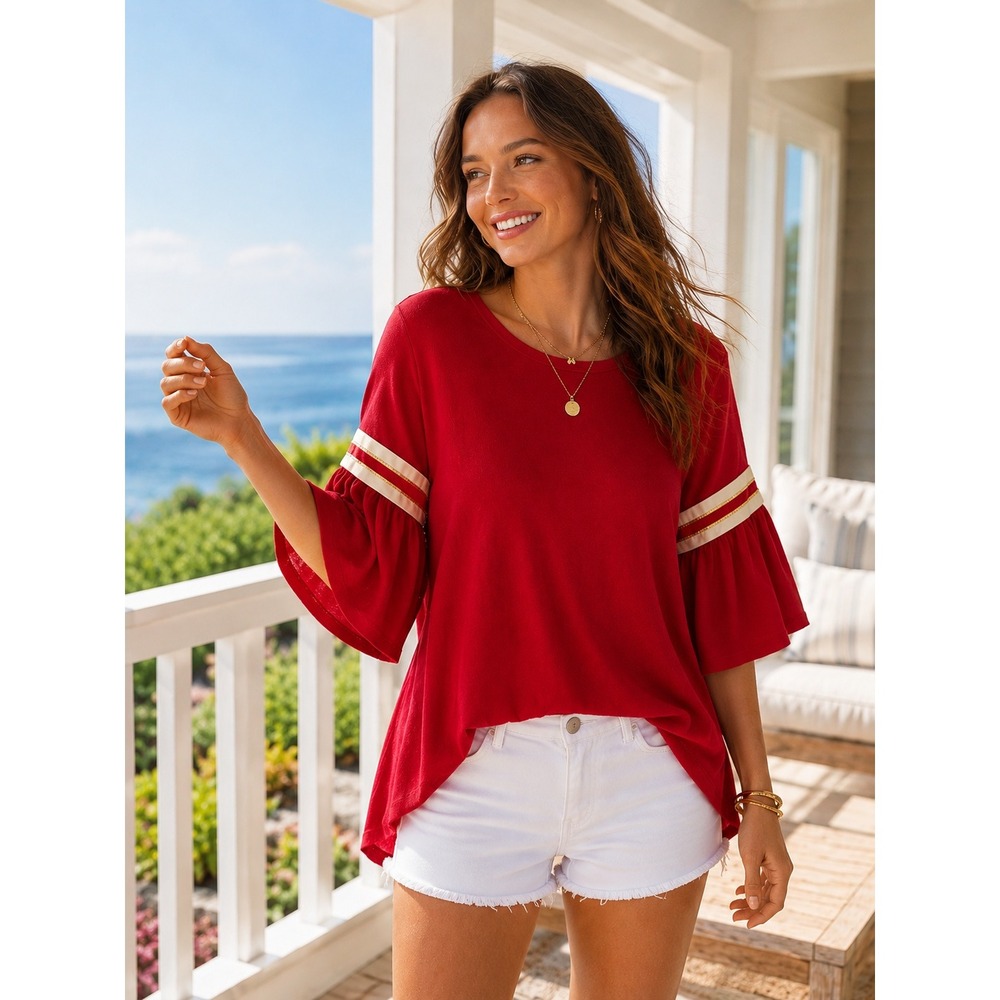 Crown &‎ Ivy Womens Red Bell Sleeve Striped Accent High-Low Knit Top XS NEW